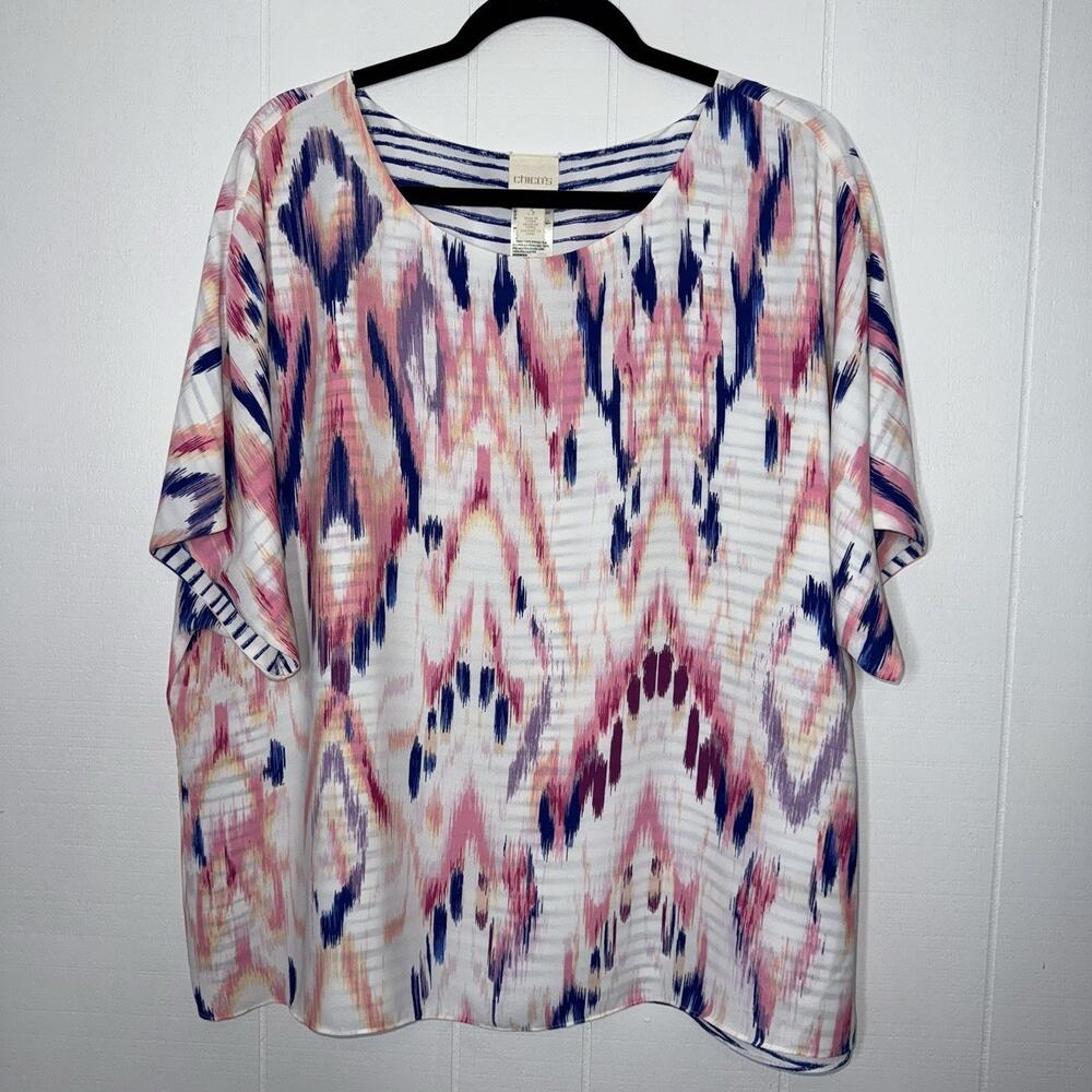 Chico’s Women’s Reversible Ikat Striped Tee Pink Blue Size 3 XL